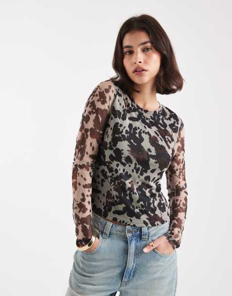 ONLY - Top van mesh met lange mouwen en koeienprint - view 1