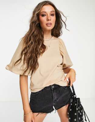 Only top with poplin puff sleeve in beige - ASOS Price Checker