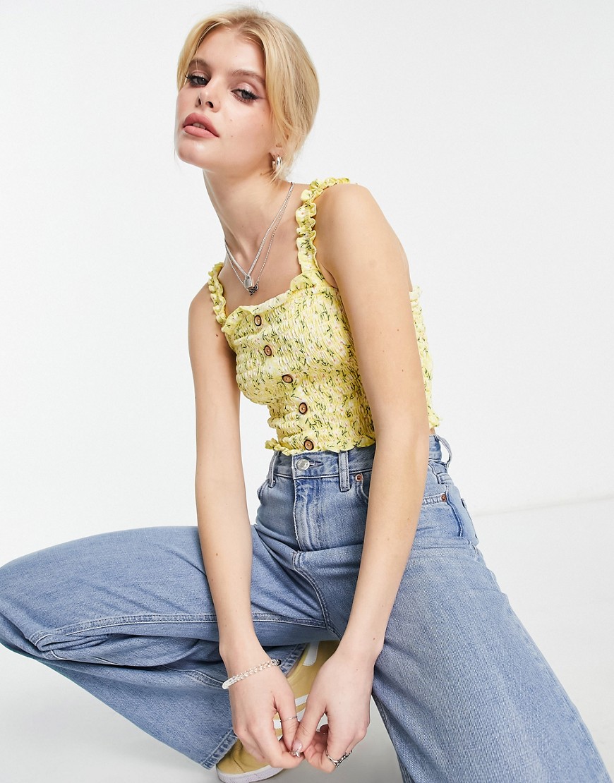 Only top with shirring and button detail in green floral print-Blue