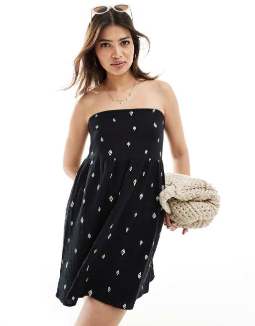 ONLY – Trägerloses Baumwoll-Minikleid in Schwarz mit Blätterprint 
