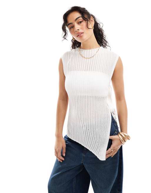 Only – Transparentes, asymmetrisches Tanktop in Weiß mit Schnürdetail , 3 von 4