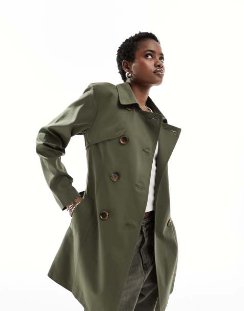 Monki short trench coat in khaki green