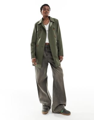 digne collarless jackdt coatモスグリーン ONLY trench coat in khaki | ASOS