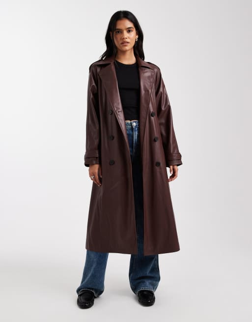 ONLY - Trench lungo in pelle sintetica marrone