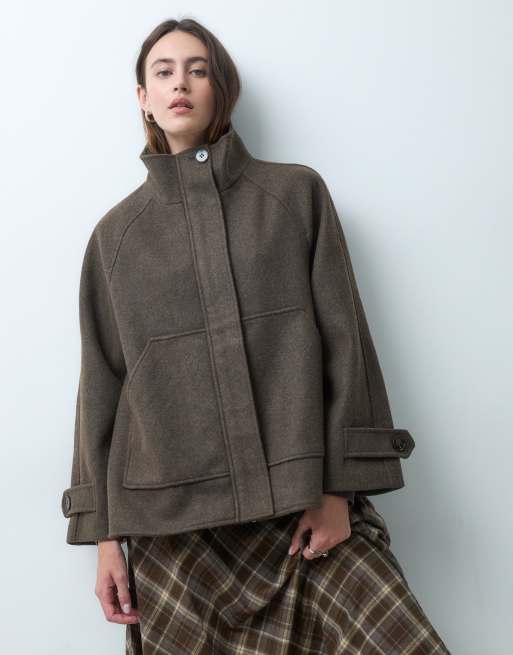 ONLY trenchcoat med ståkrage i imitation ull, kort modell, brun, 2 av 4