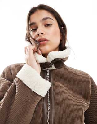 Only Trucker Coat With Teddy Trim In Brown