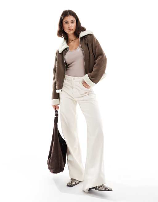 ONLY trucker coat with teddy trim in light brown, 3 of 4