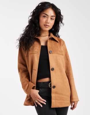ONLY - Trucker-Jacke aus Wildlederimitat in Hellbraun-Brown