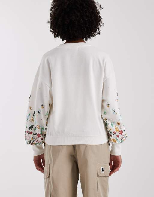 ONLY - Trui met ronde hals en bloemenprint op de mouwen in wit, 2 van 4