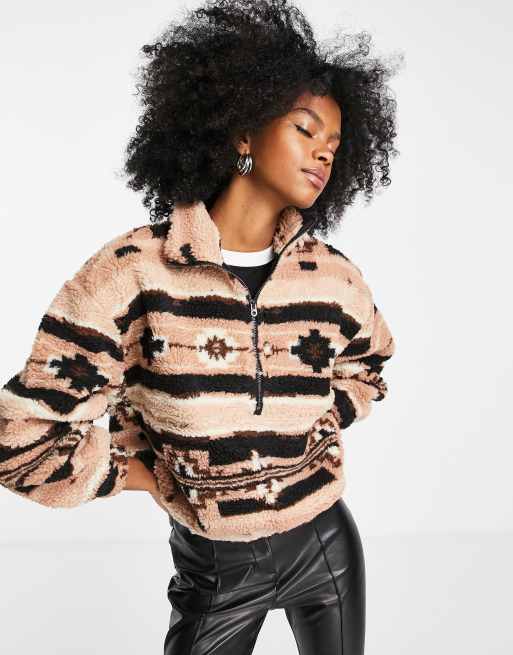 Only - Trui van borg met halve rits en print in roze & zwart