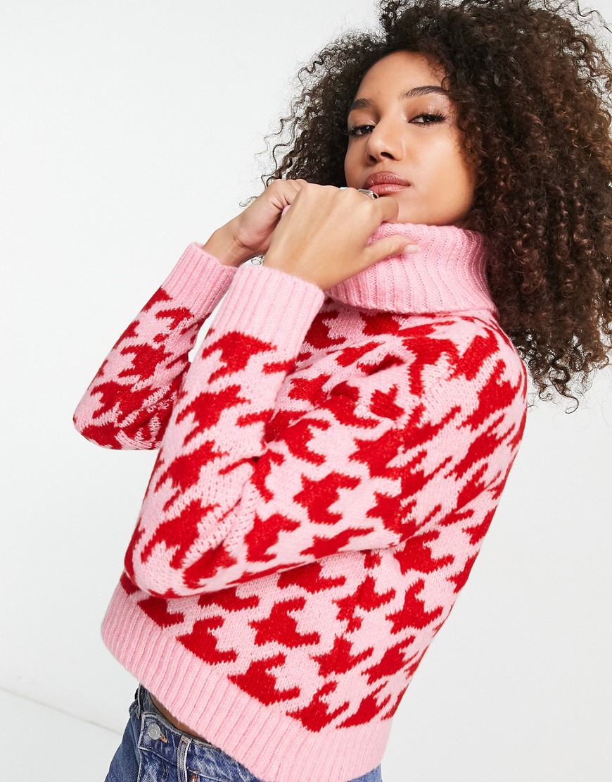 Only turtleneck sweater in pink & red dogtooth-Multi
