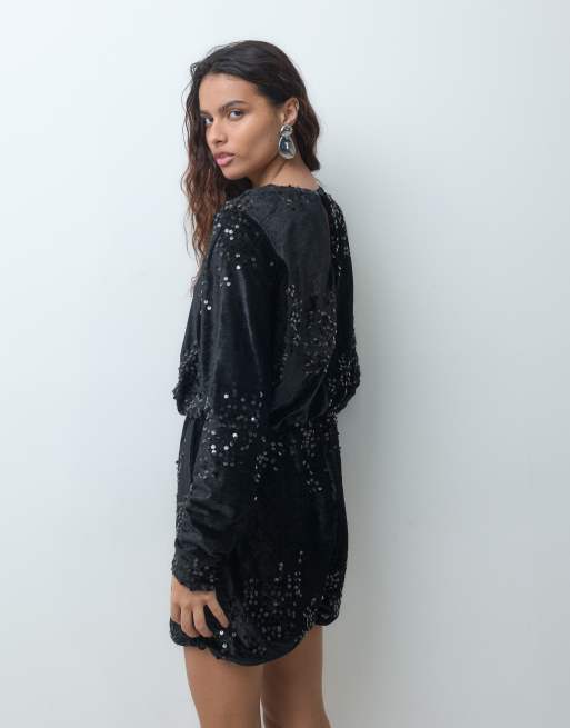 ONLY tuta corta con paillettes e maniche lunghe nera, 3 di 4