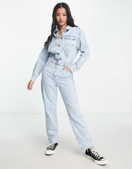 Only - Tuta jumpsuit a maniche lunghe in denim azzurro, 4 di 4
