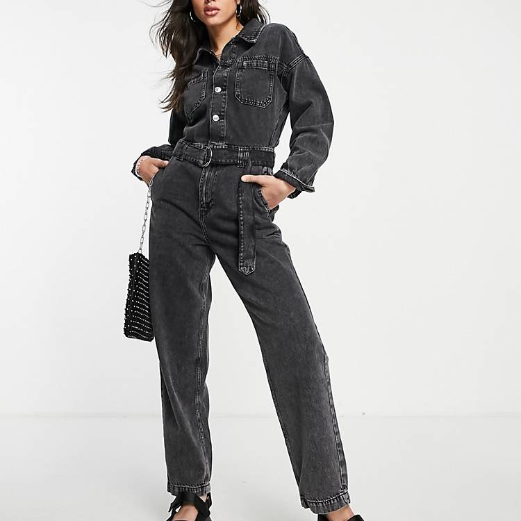 Asos Donna Abbigliamento Tute e salopette Salopette Tuta jumpsuit di jeans stile anni 70 a fondo ampio grigia 
