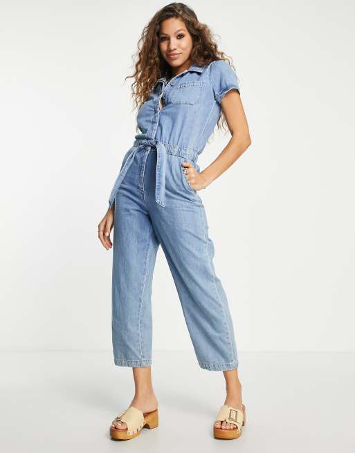 Only - Tuta jumpsuit in denim azzurra allacciata in vita