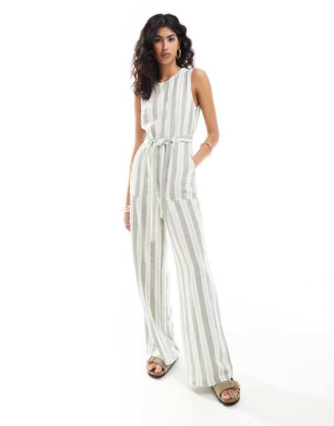 Only - Tuta jumpsuit senza maniche in misto lino a righe color crema e verde salvia allacciata in vita - view 1