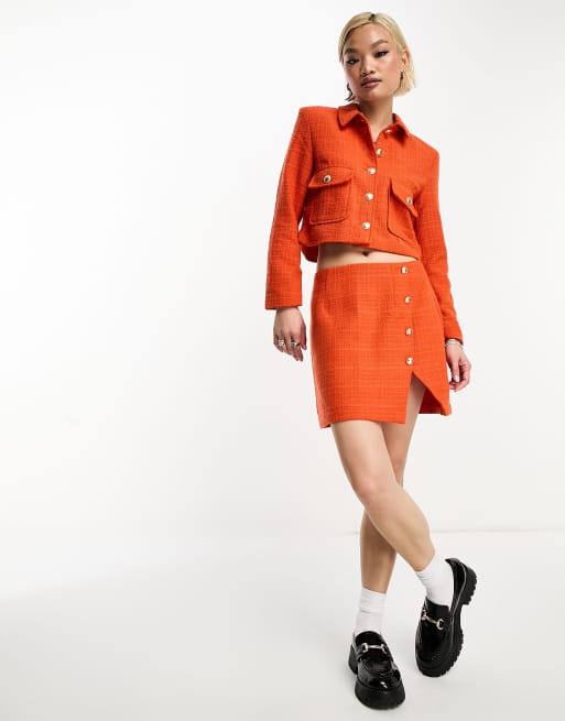Orange denim skirt deals and jacket set