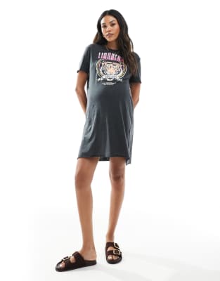 ONLY Umstandsmode - Kurzes T-Shirt-Kleid in Dunkelgrau mit Tiger-Print