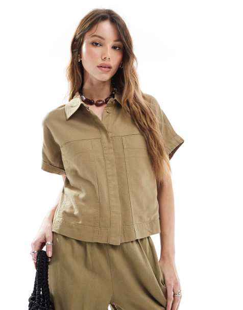 Only – Utility-Hemd aus Leinenmix in hellem Khaki, Kombiteil - view 1