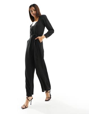 v neck belted jumpsuit in black glitter