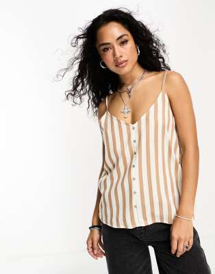 Only V Neck Button Down Cami Top In Beige And White Stripe