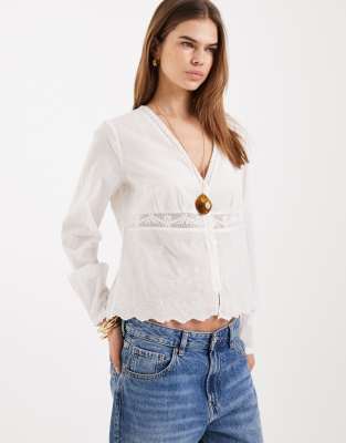Only V-neck Cropped Blouse With Floral Embroidery In White