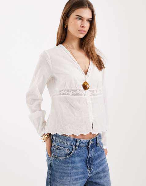  ONLY v-neck cropped blouse with floral embroidery in white - view 1