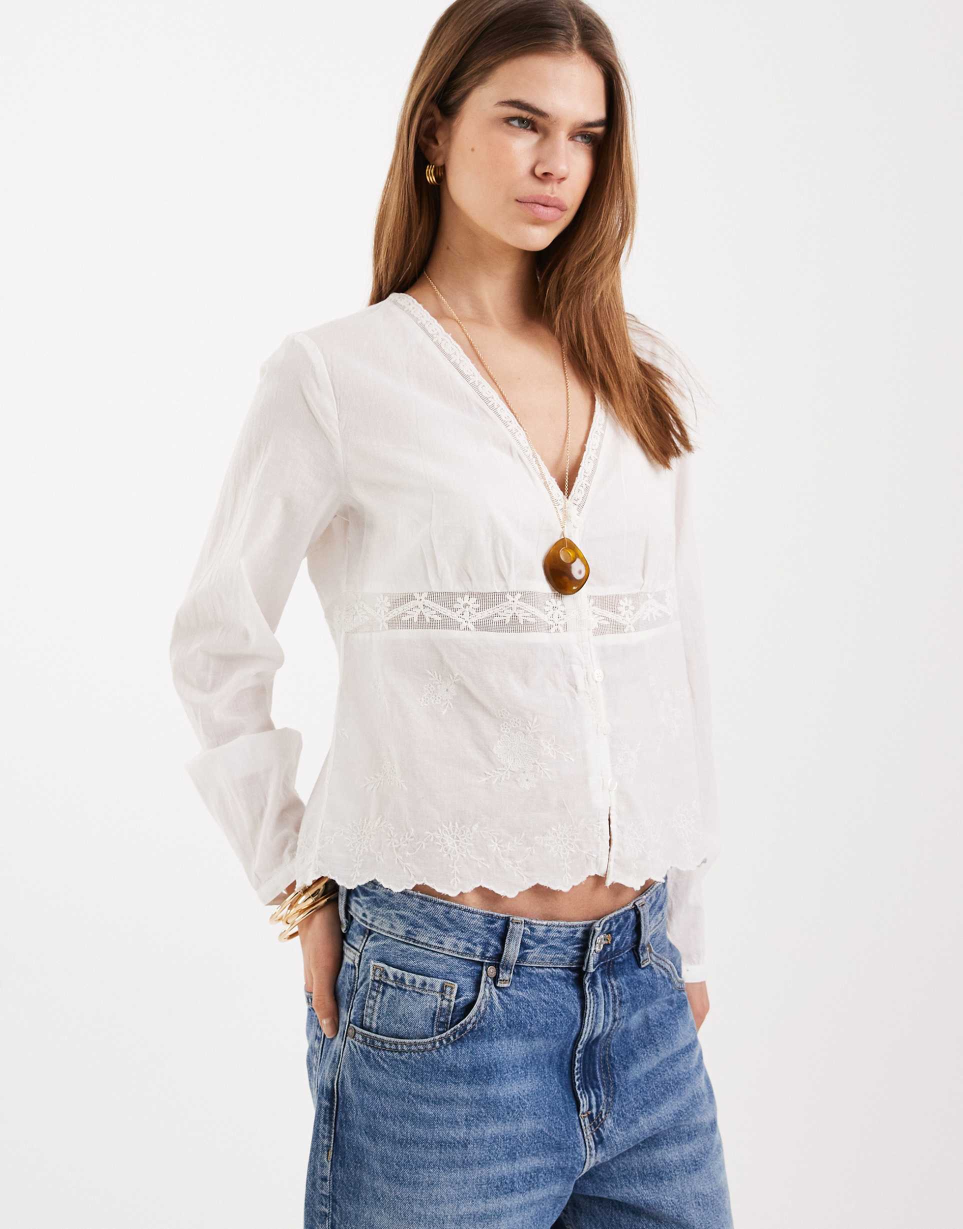 only v-neck cropped blouse with floral embroidery in white