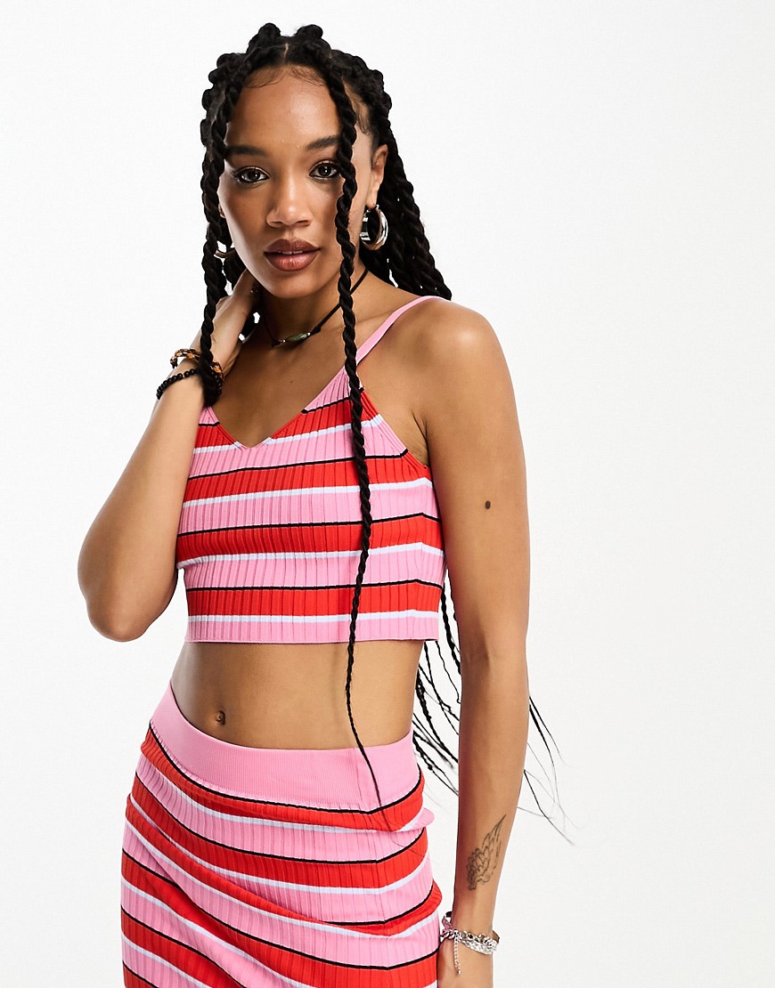 Only v neck cropped top co-ord in pink and red stripe-Multi