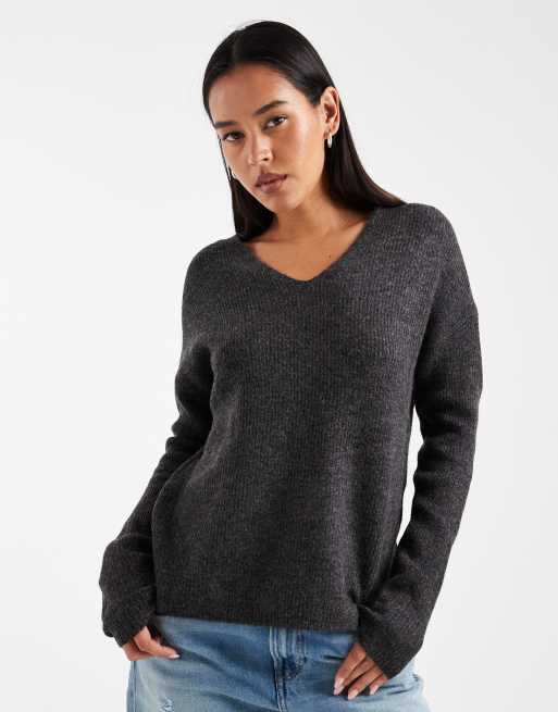 Only v neck jumper in dark grey marl , 2 of 4