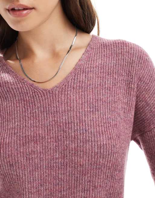 ONLY v neck jumper in dark pink, 3 of 4