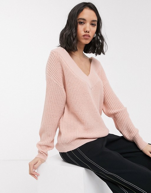Only v neck knitted jumper in pink