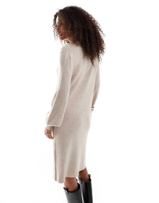 ONLY v-neck knitted midi dress in beige, 2 of 4
