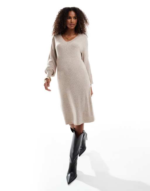 ONLY v-neck knitted midi dress in beige, 3 of 4