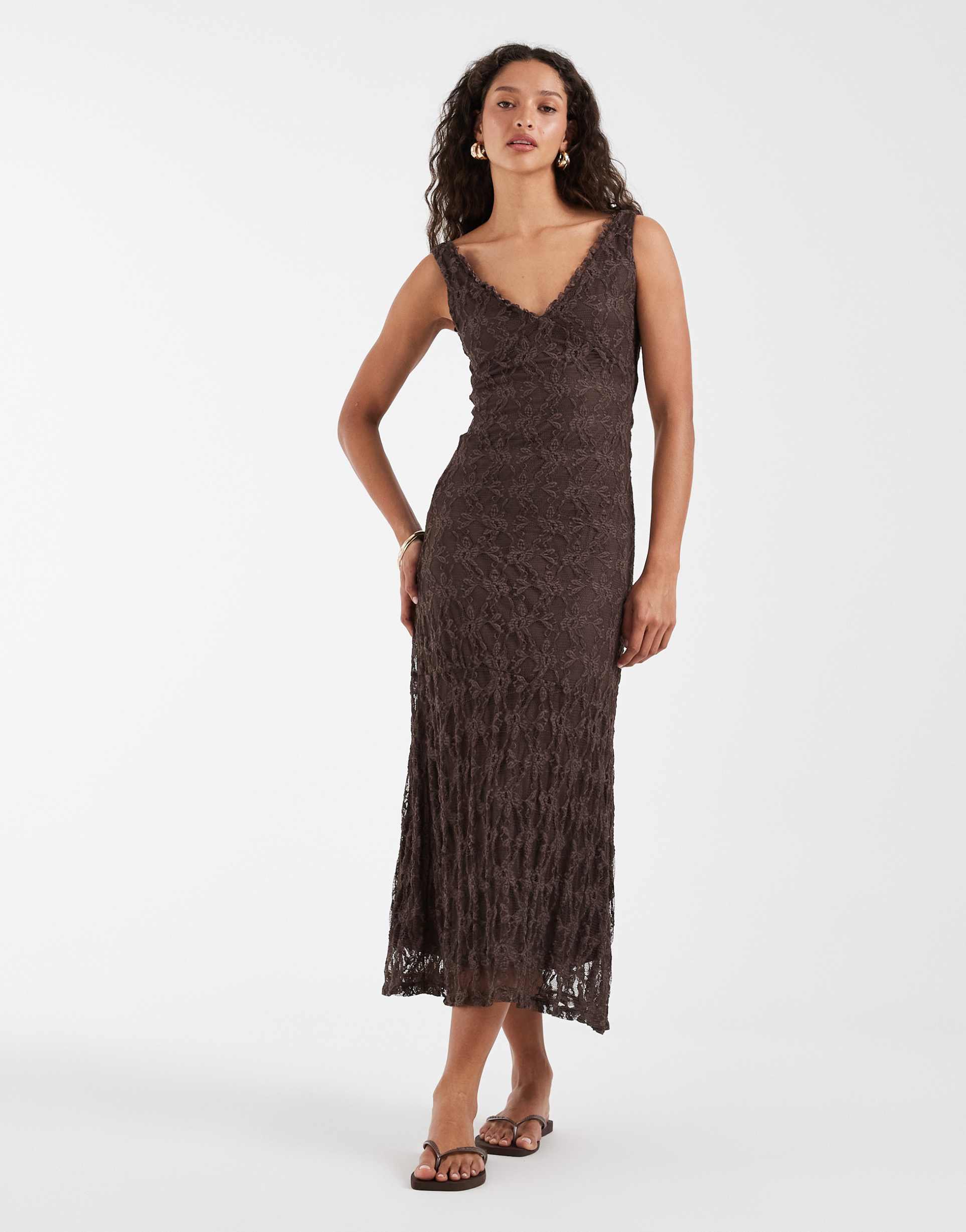 only v-neck lace maxi dress in brown