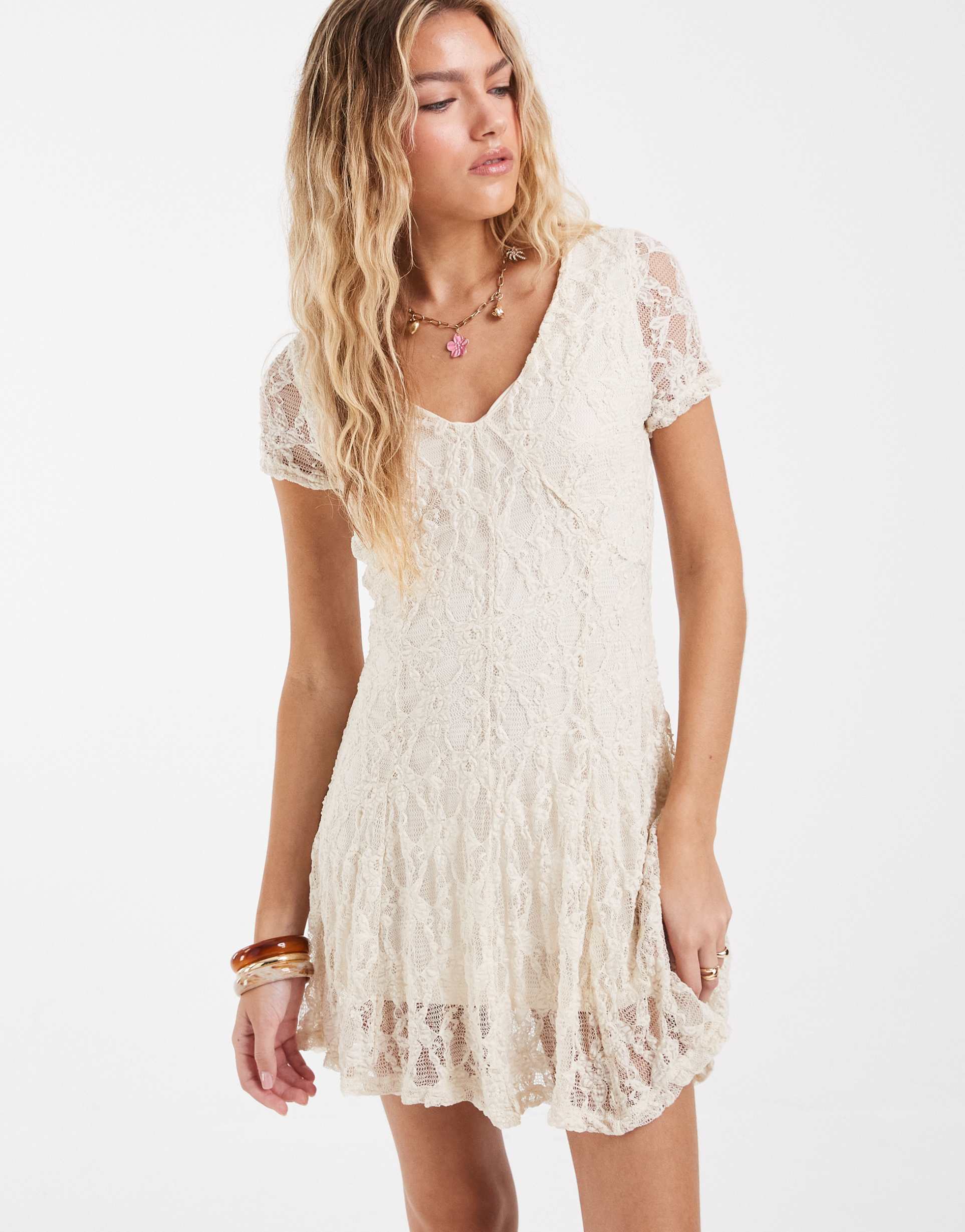 only v-neck lace mini dress in white