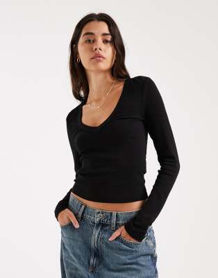 Only V Neck Long Sleeve Boxy Top In Multi