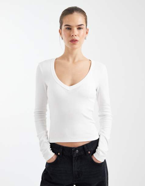 ONLY v neck long sleeve boxy top in white