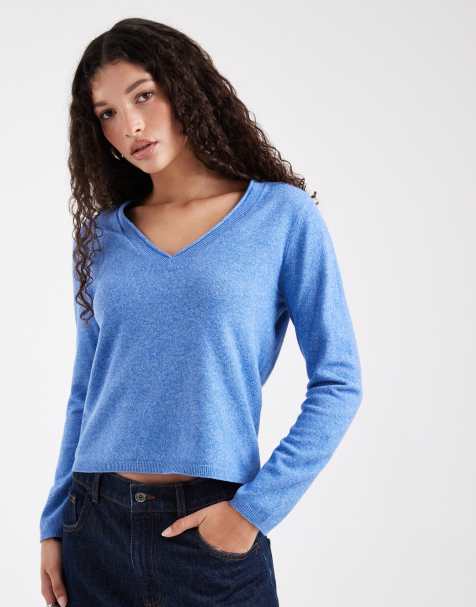 ONLY v-neck long sleeve knit top in blue - view 1