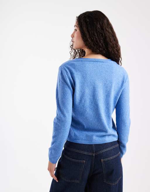 ONLY v-neck long sleeve knitted top in blue, 4 of 4