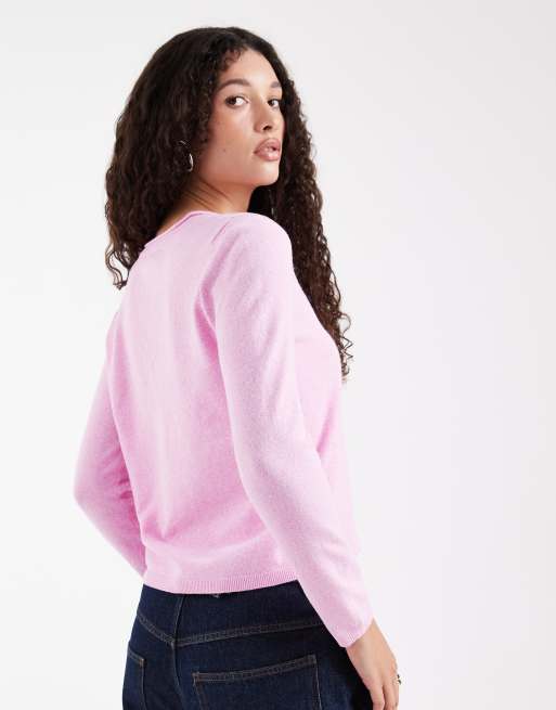 ONLY v-neck long sleeve knitted top in pink, 3 of 4