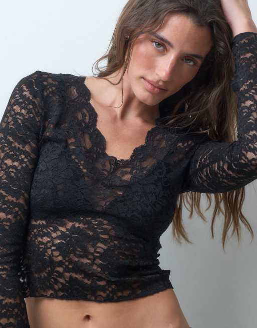 ONLY v neck long sleeve lace top in black, 2 of 4