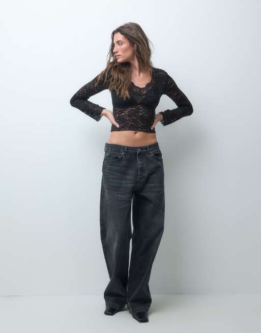 ONLY v neck long sleeve lace top in black, 3 of 4