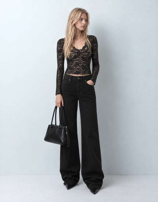 ONLY v neck long sleeve lace top in black, 5 of 8