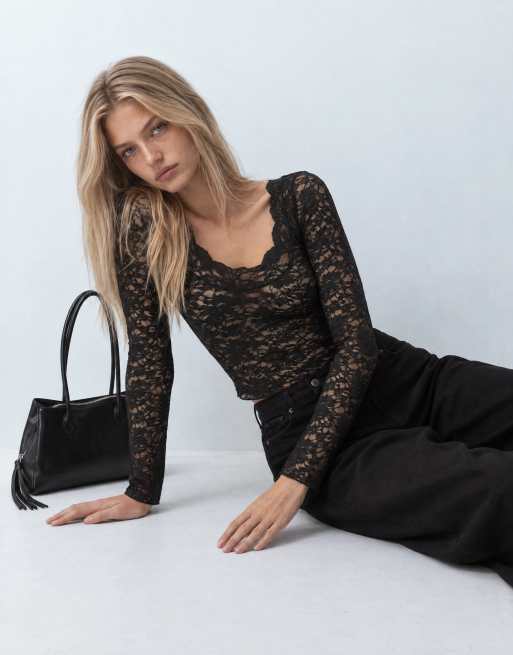 ONLY v neck long sleeve lace top in black, 8 of 8