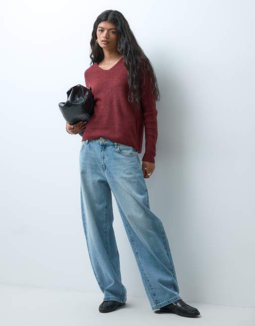 ONLY v neck long sleeve pullover knit jumper in red, 2 of 4