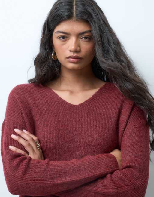 ONLY v neck long sleeve pullover knit jumper in red, 3 of 4