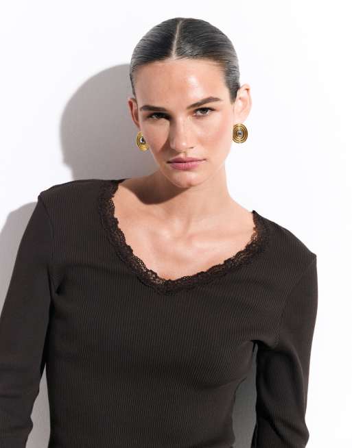 ONLY v neck long sleeve top with lace detail in chocolate, 3 of 8