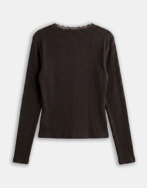 ONLY v neck long sleeve top with lace detail in chocolate, 6 of 8