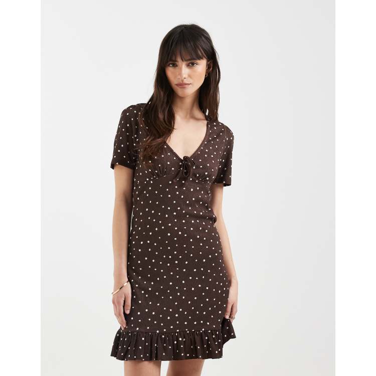ONLY v-neck mini dress in brown polka dots | ASOS